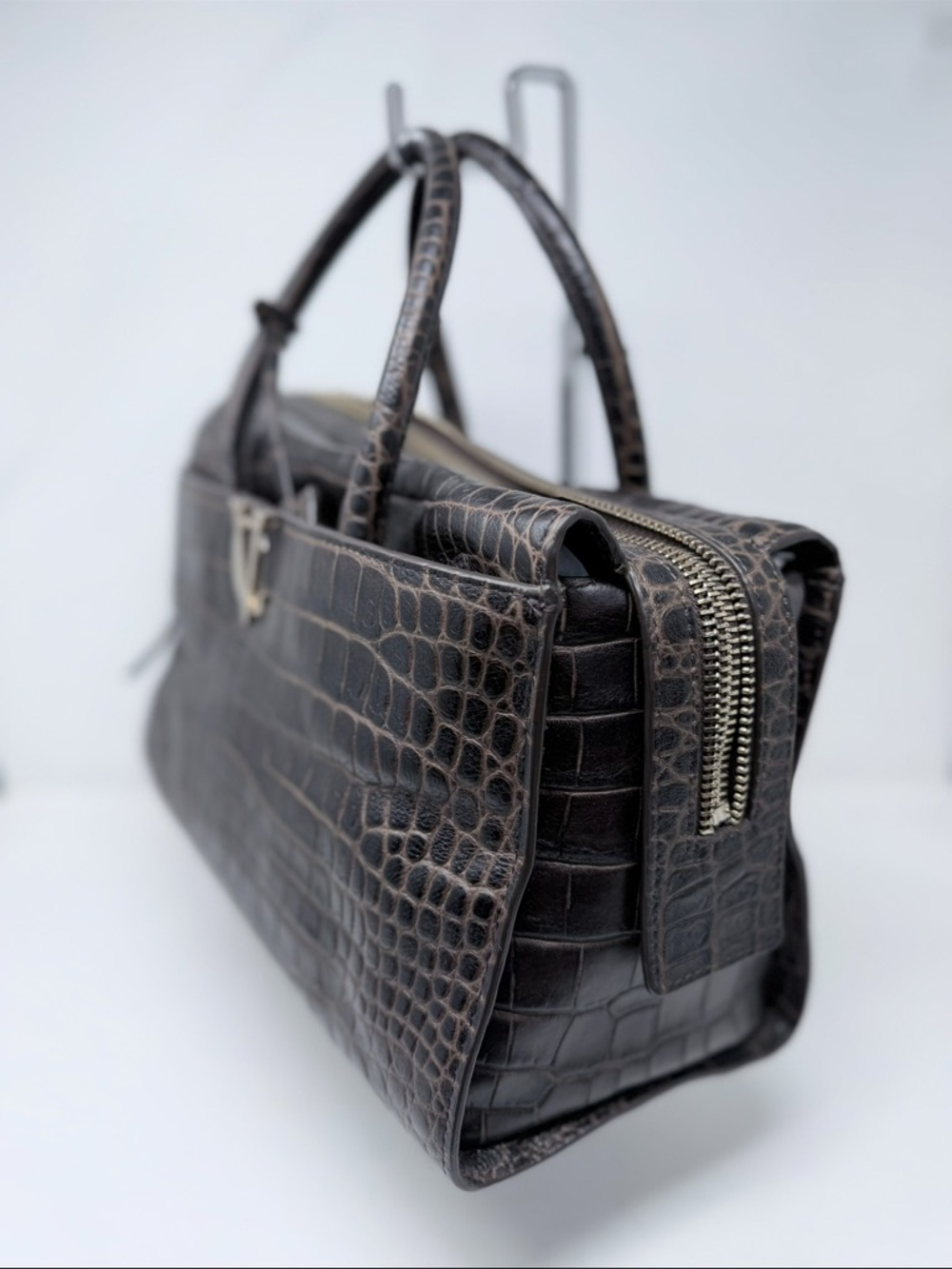 Vince Camuto Dark Brown Croc-Embossed Leather Tote with Matching Pouch - Picture 2 of 10